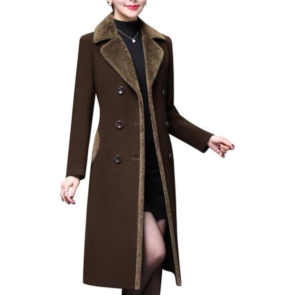 Women's Winter Wool Coats Double-breasted Notched Lapel Warm Jackets Midi Long